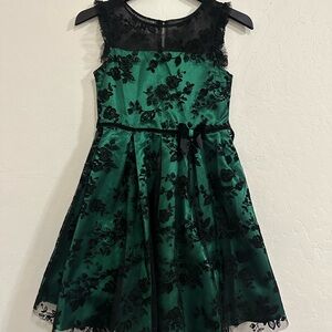 Elegant Green and Black Floral Kids Dress